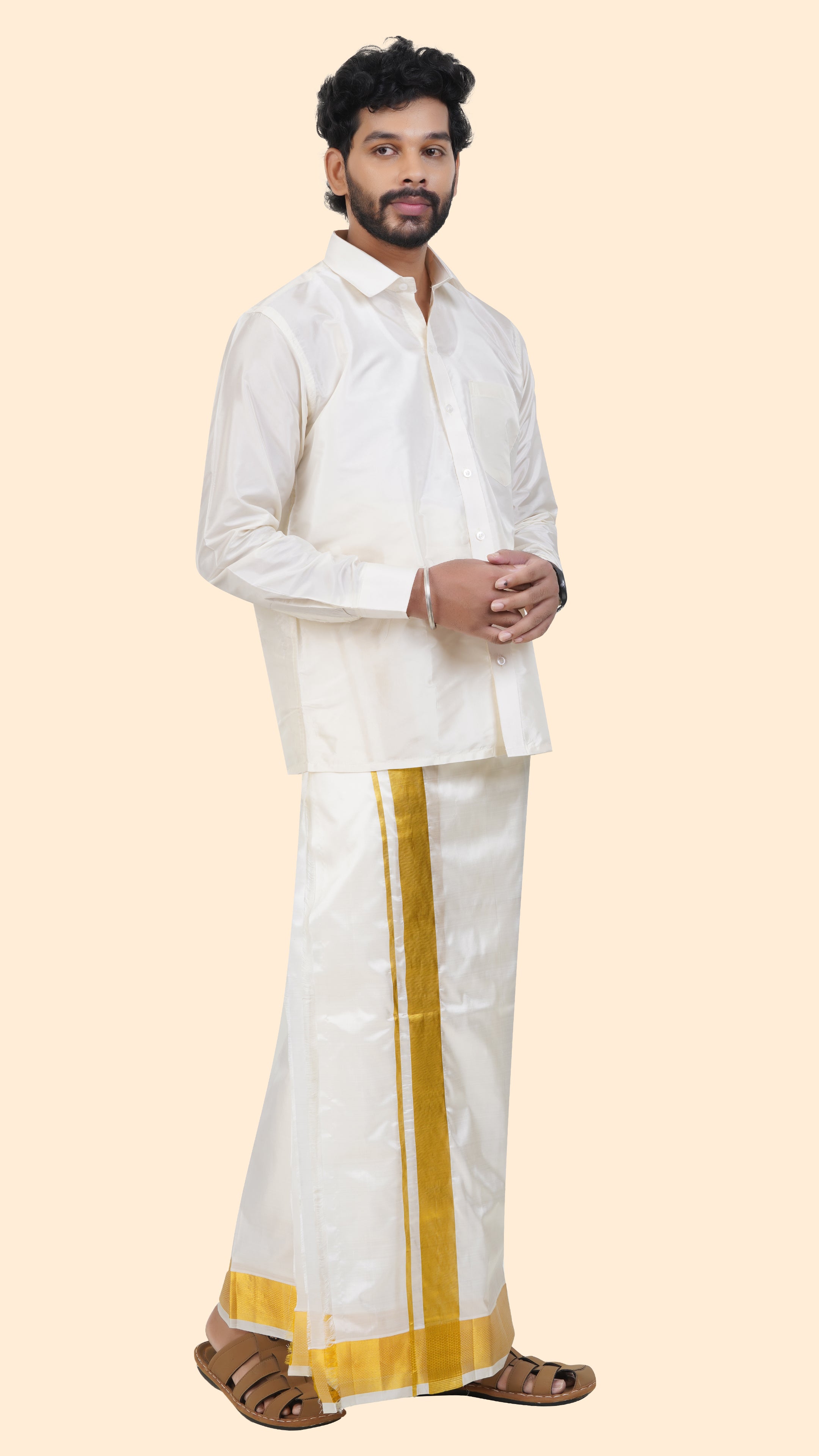Pure Silk Cream Velcro Dhoti | Double Layer | 2 1/2" Gold Jari Border