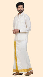 Pure Silk Cream Velcro Dhoti | Double Layer | 2 1/2" Gold Jari Border