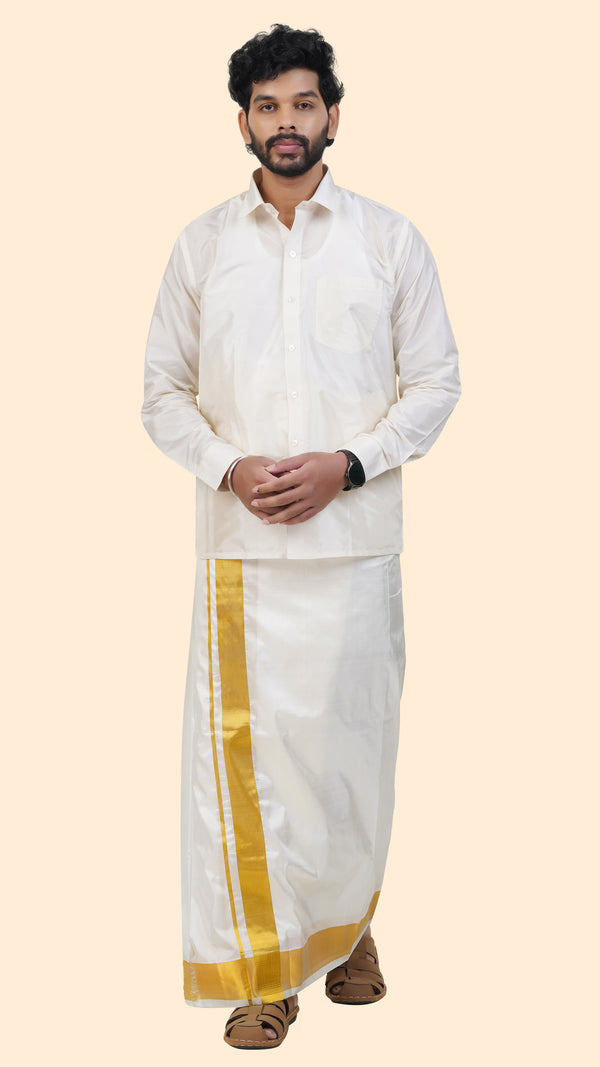 Pure Silk Cream Velcro Dhoti | Double Layer | 2 1/2" Gold Jari Border