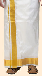 Pure Silk Cream Dhoti with Angavastram | Double Layer | 2" Gold Jari Border