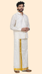 Pure Silk Cream Dhoti with Angavastram | Double Layer | 2" Gold Jari Border