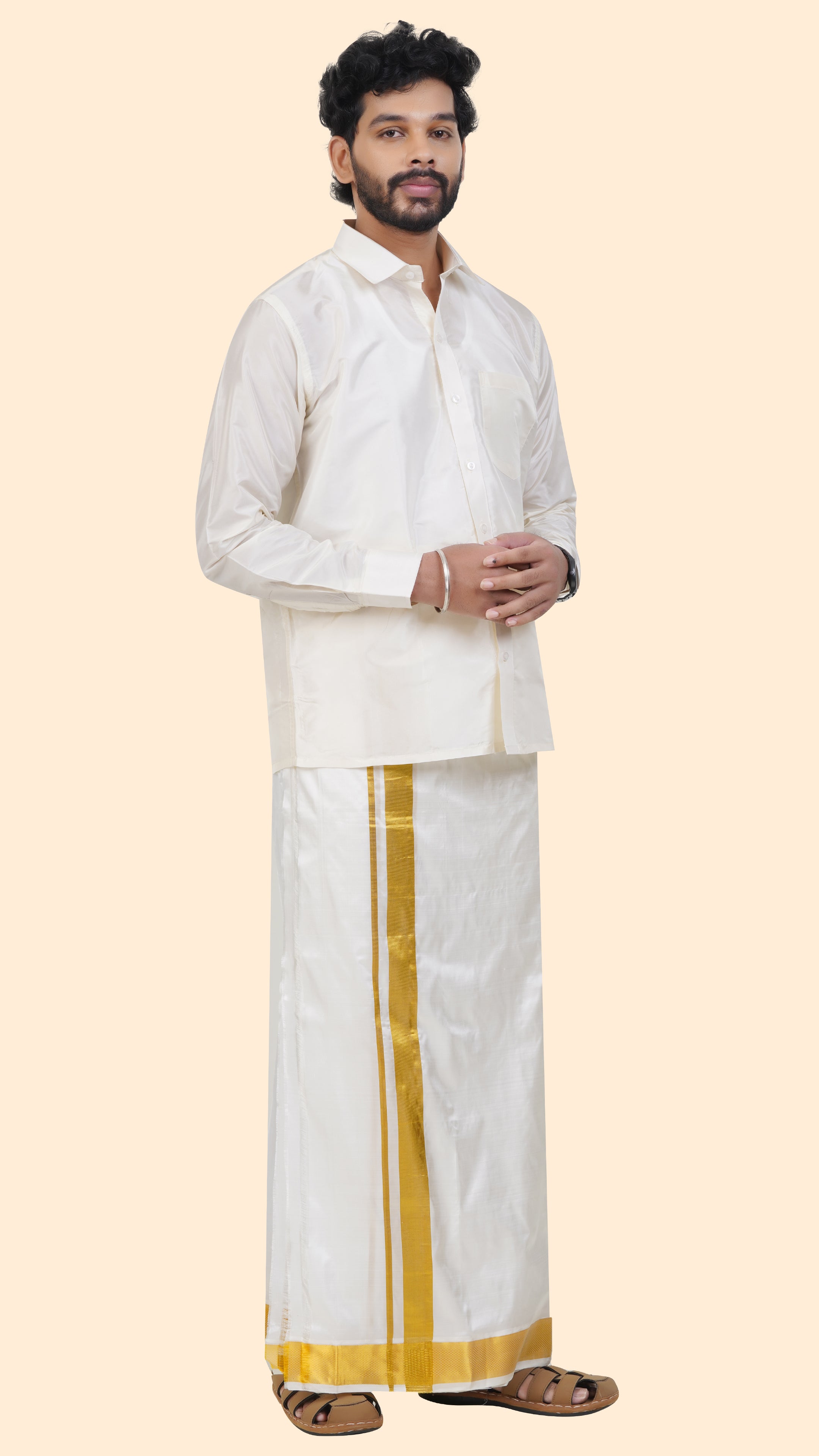 Pure Silk Cream Dhoti with Angavastram | Double Layer | 2" Gold Jari Border