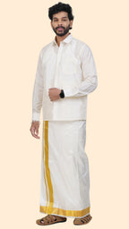 Pure Silk Cream Dhoti with Angavastram | Double Layer | 2" Gold Jari Border