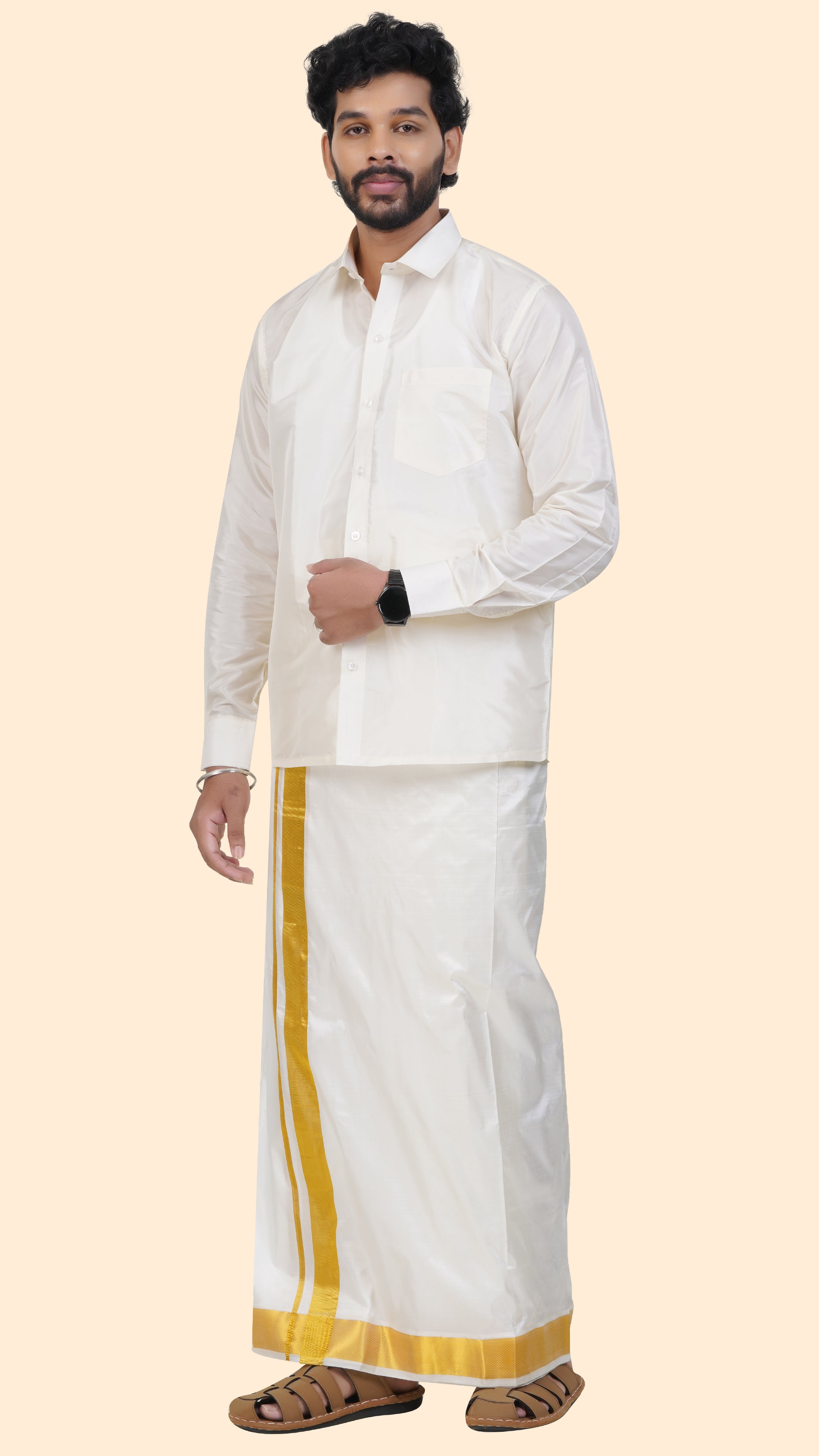 Pure Silk Cream Dhoti with Angavastram | Double Layer | 2" Gold Jari Border
