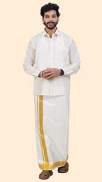 Pure Silk Cream Dhoti with Angavastram | Double Layer | 2" Gold Jari Border