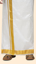 Pure Silk Cream Velcro Dhoti | Double Layer | 1 1/2" Gold Jari Border