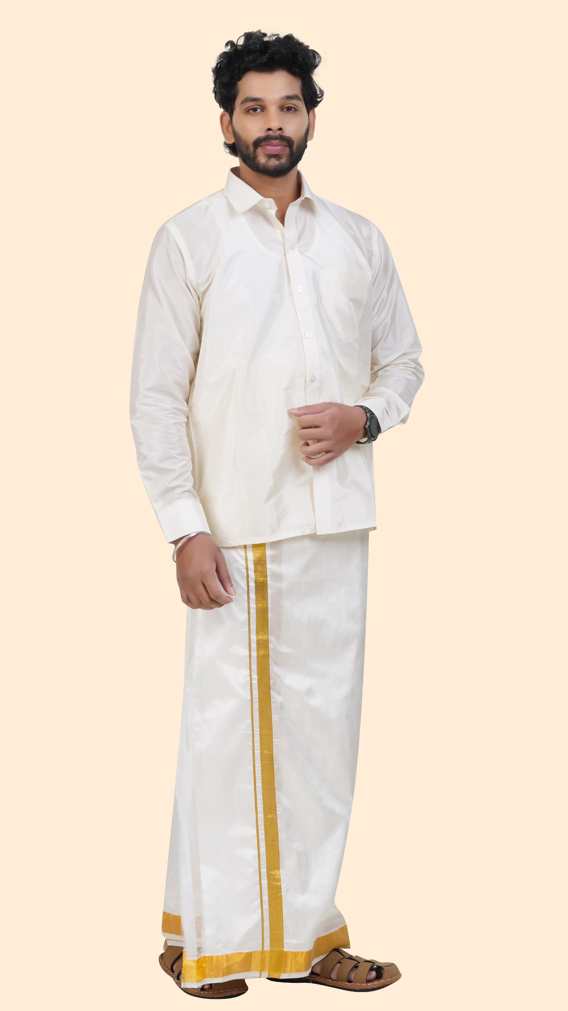 Pure Silk Cream Velcro Dhoti | Double Layer | 1 1/2" Gold Jari Border