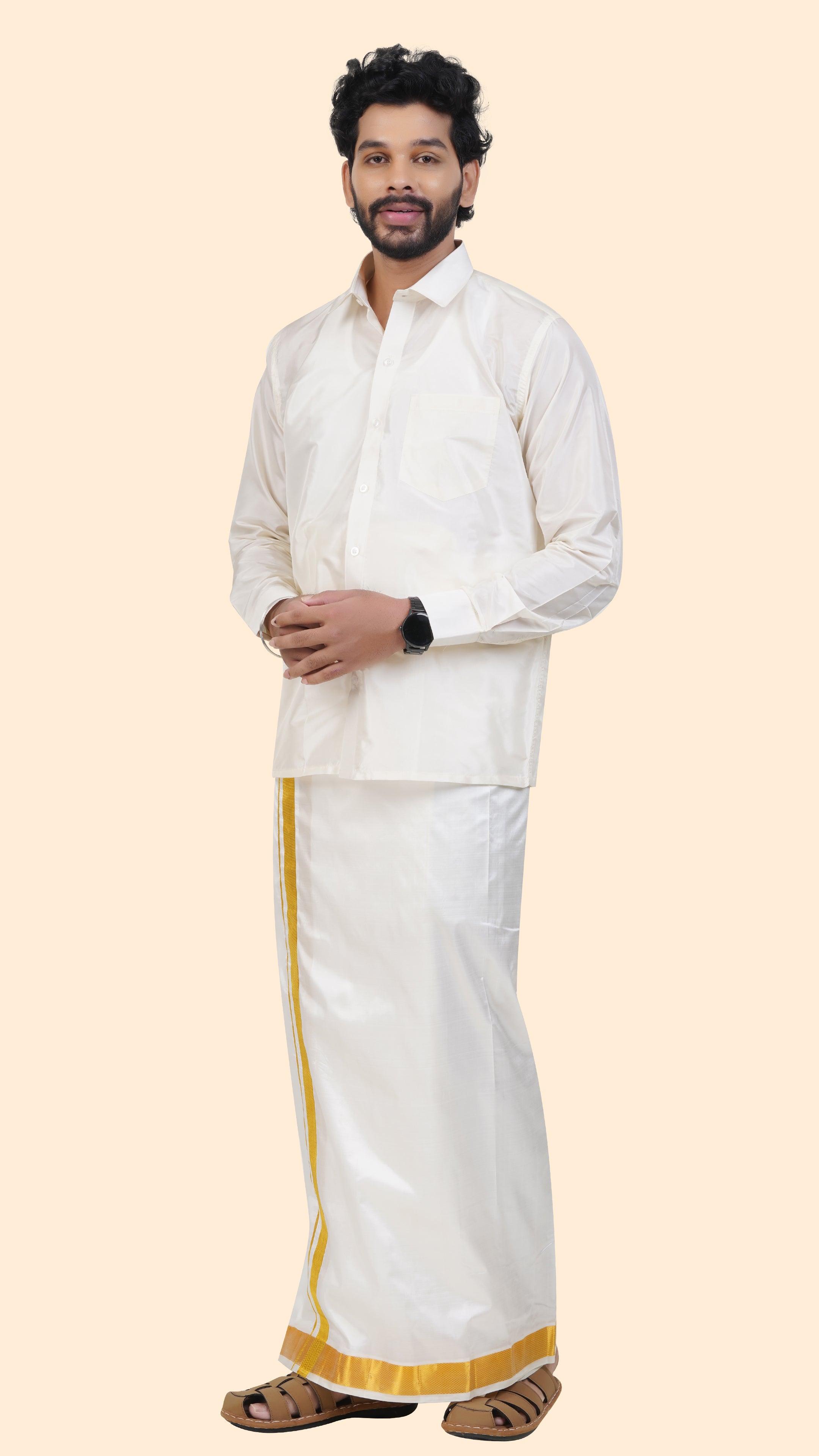 Pure Silk Cream Velcro Dhoti | Double Layer | 1 1/2" Gold Jari Border