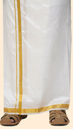 Semi Silk Cream Dhoti | Double Layer | 1" Gold Jari Border