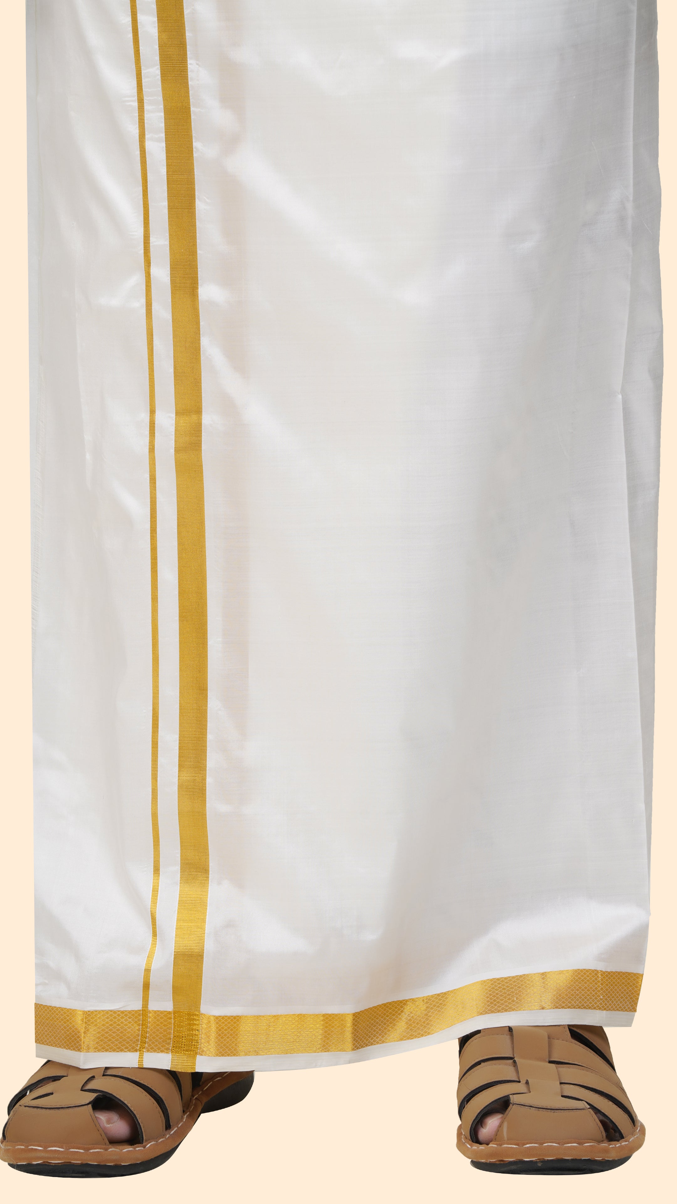 Semi Silk Cream Dhoti | Double Layer | 1" Gold Jari Border