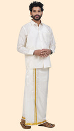 Semi Silk Cream Dhoti | Double Layer | 1" Gold Jari Border