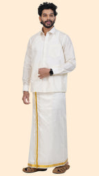 Semi Silk Cream Dhoti | Double Layer | 1" Gold Jari Border