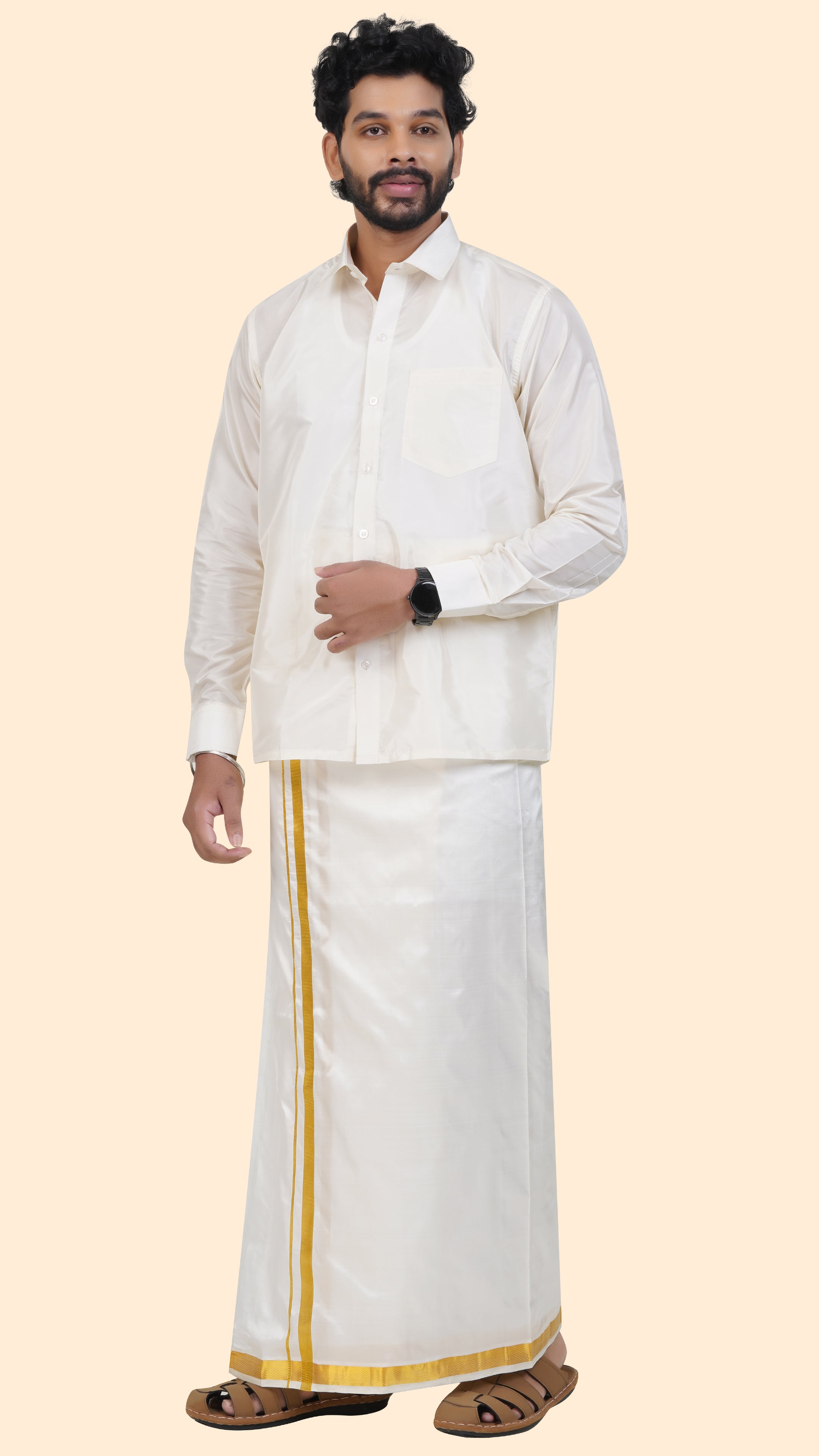 Semi Silk Cream Dhoti | Double Layer | 1" Gold Jari Border