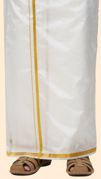 Semi Silk Cream Velcro Dhoti | Double Layer | 1/2" Gold Jari Border