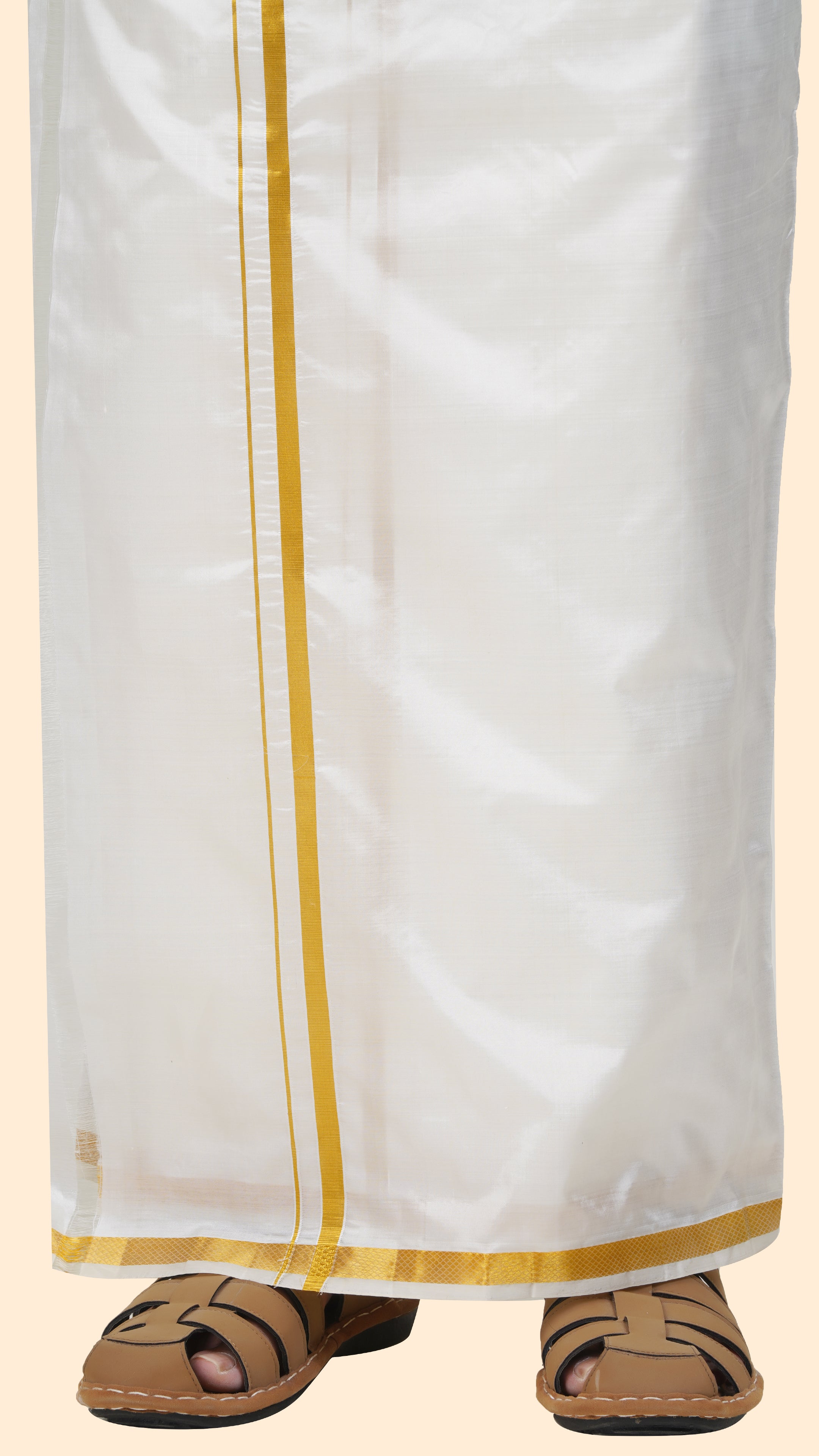 Semi Silk Cream Velcro Dhoti | Double Layer | 1/2" Gold Jari Border