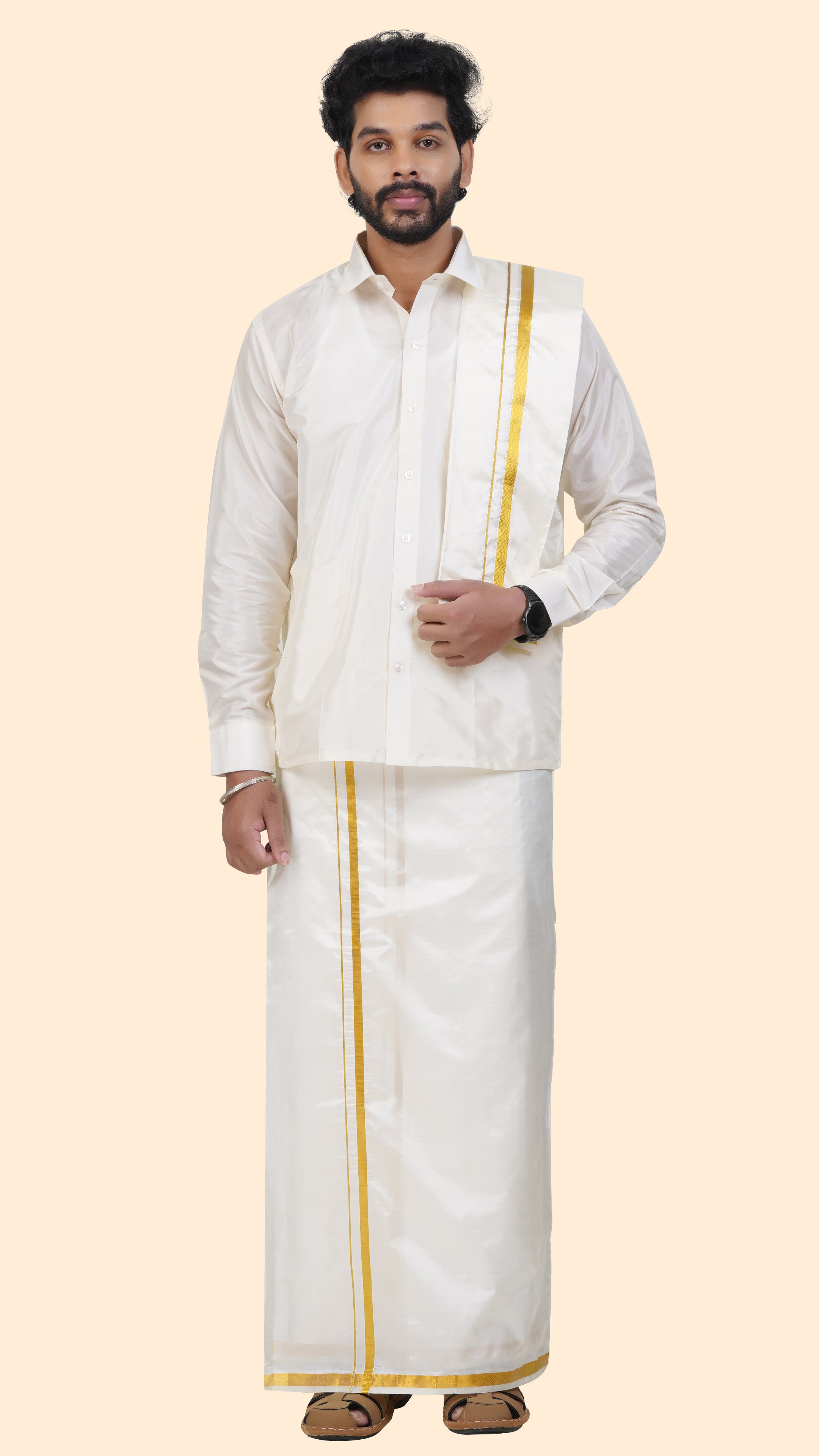 Pure Silk Cream Dhoti with Angavastram | Double Layer | 1/2" Gold Jari Border