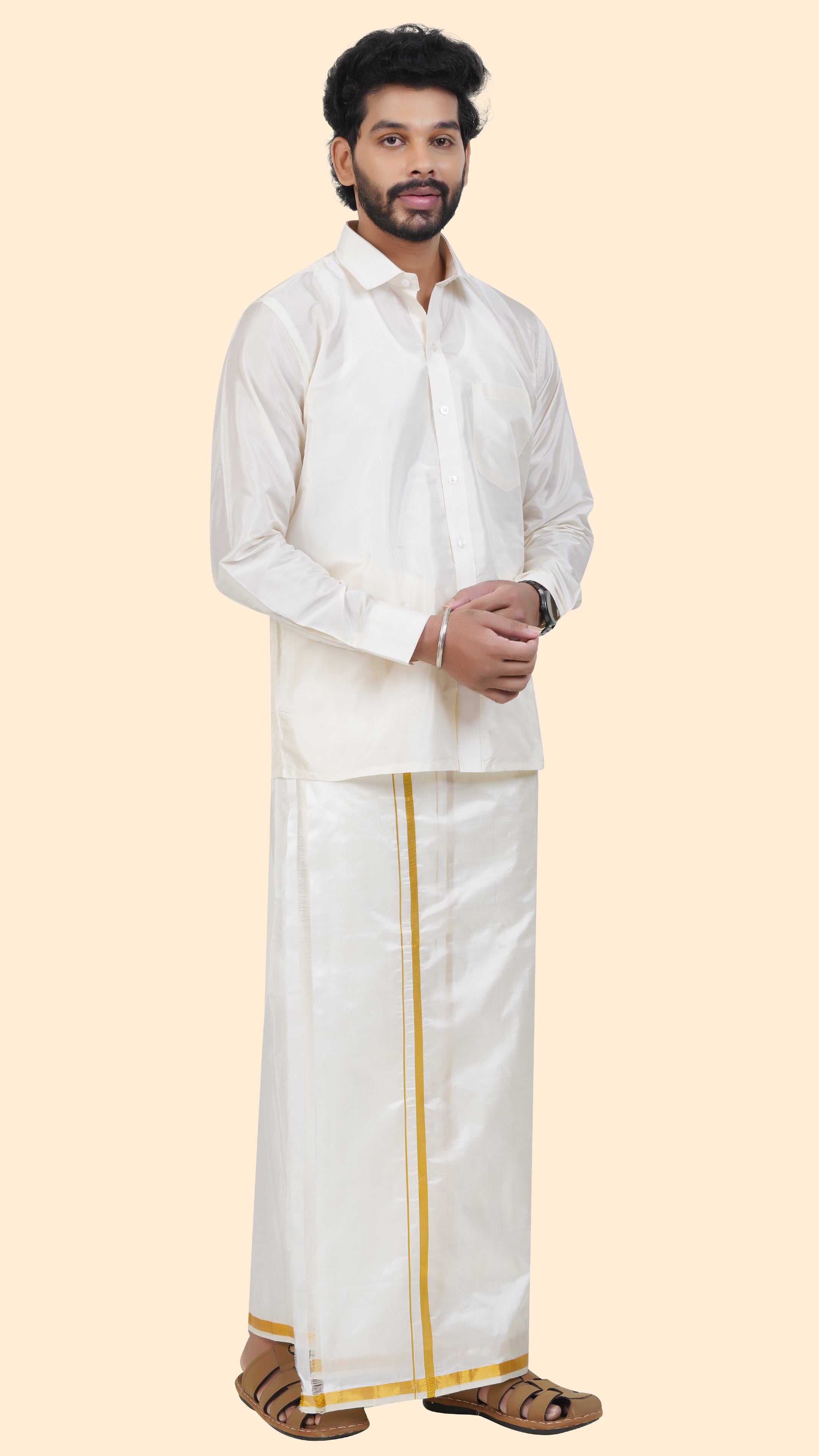 Semi Silk Cream Velcro Dhoti | Double Layer | 1/2" Gold Jari Border