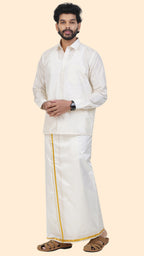 Semi Silk Cream Velcro Dhoti | Double Layer | 1/2" Gold Jari Border