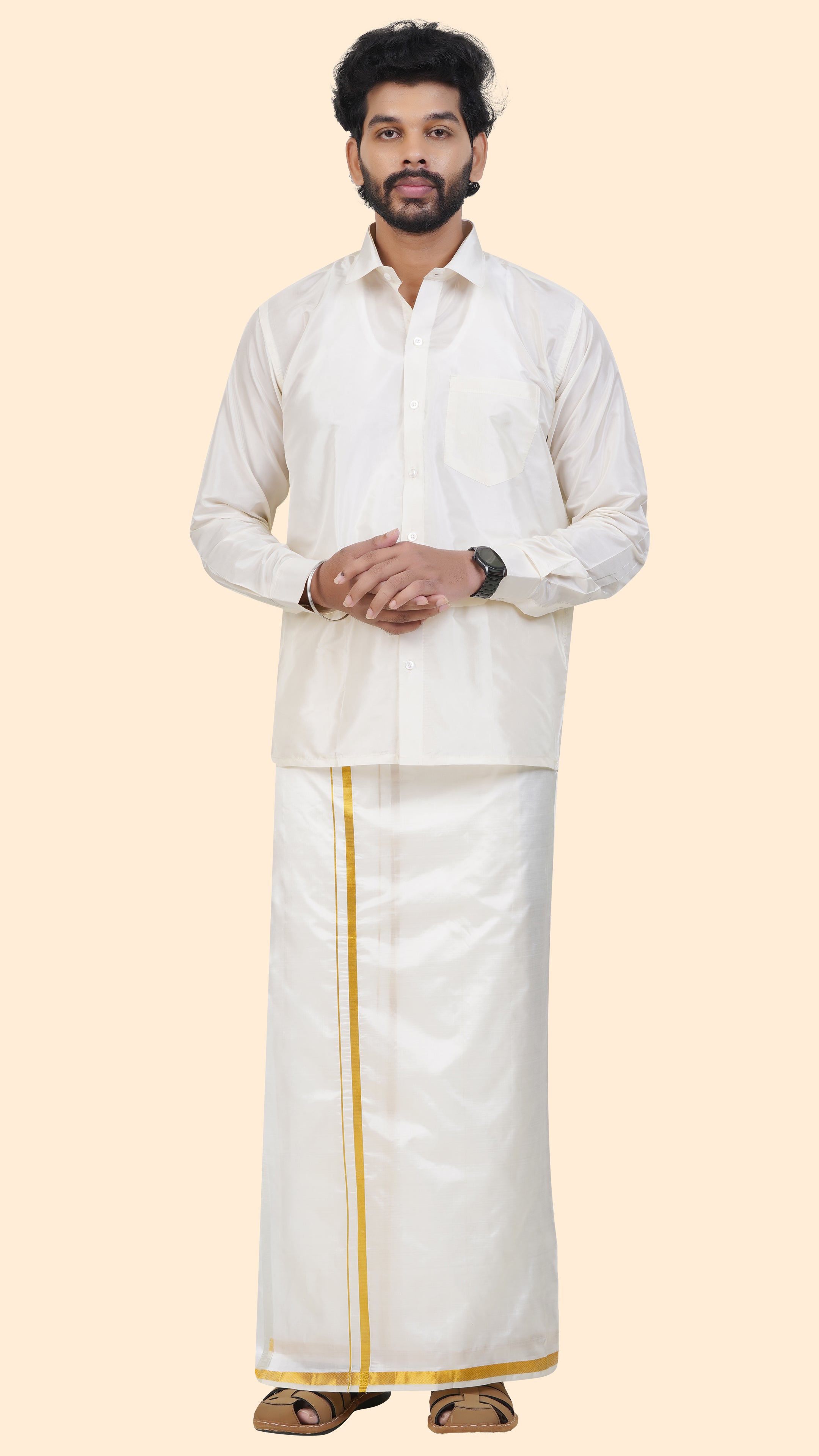 Semi Silk Cream Velcro Dhoti | Double Layer | 1/2" Gold Jari Border