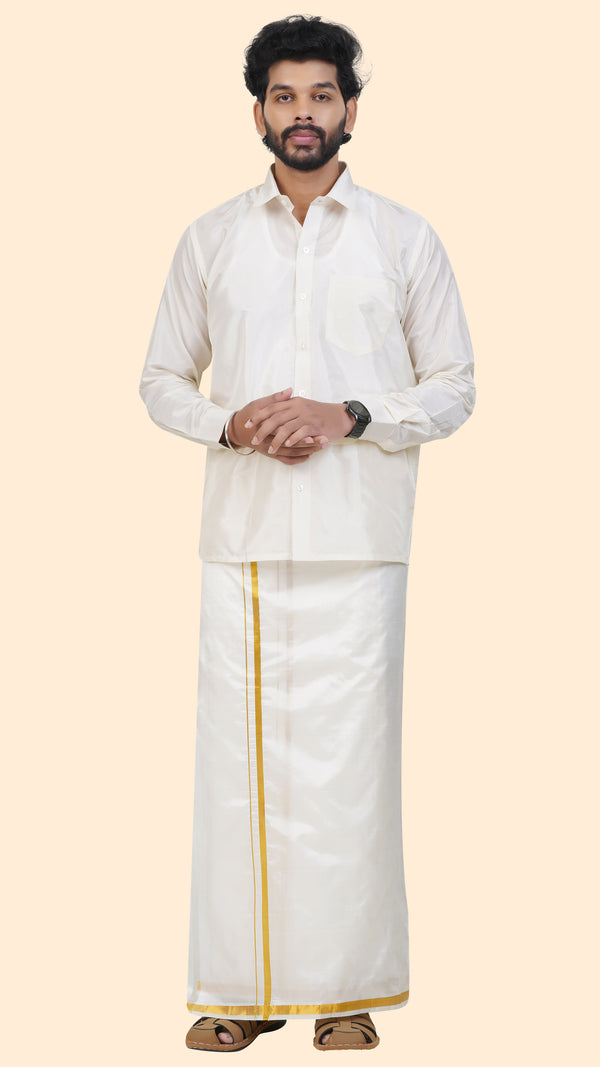 Pure Silk Cream Velcro Dhoti | Double Layer | 1/2" Gold Jari Border