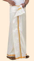 Art Silk Cream Velcro Dhoti | Double Layer | 1/2" Gold Jari Border