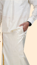 Art Silk Cream Velcro Dhoti | Double Layer | 1/2" Gold Jari Border