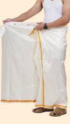 Art Silk Cream Velcro Dhoti | Double Layer | 1/2" Gold Jari Border