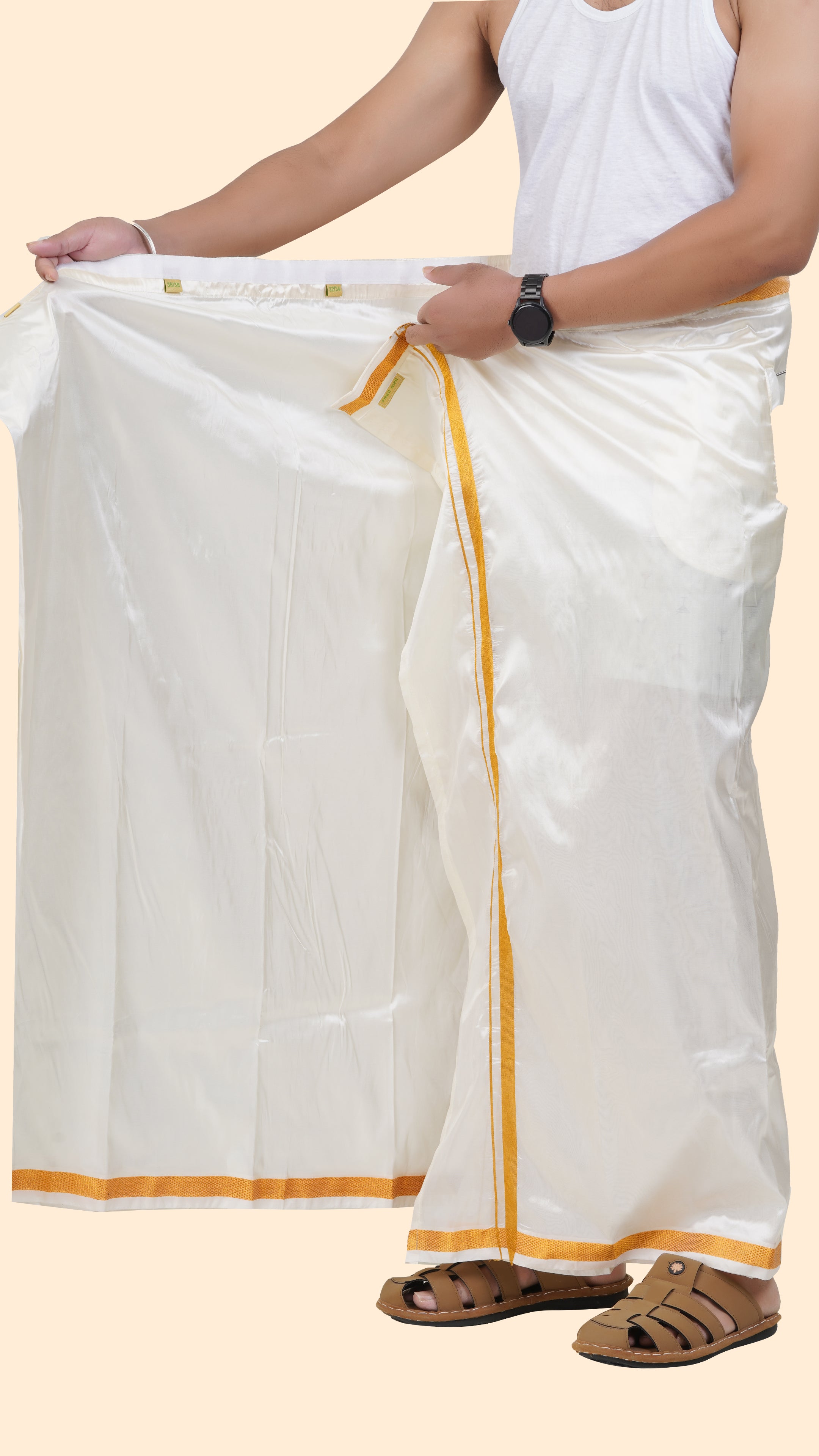 Art Silk Cream Velcro Dhoti | Double Layer | 1/2" Gold Jari Border