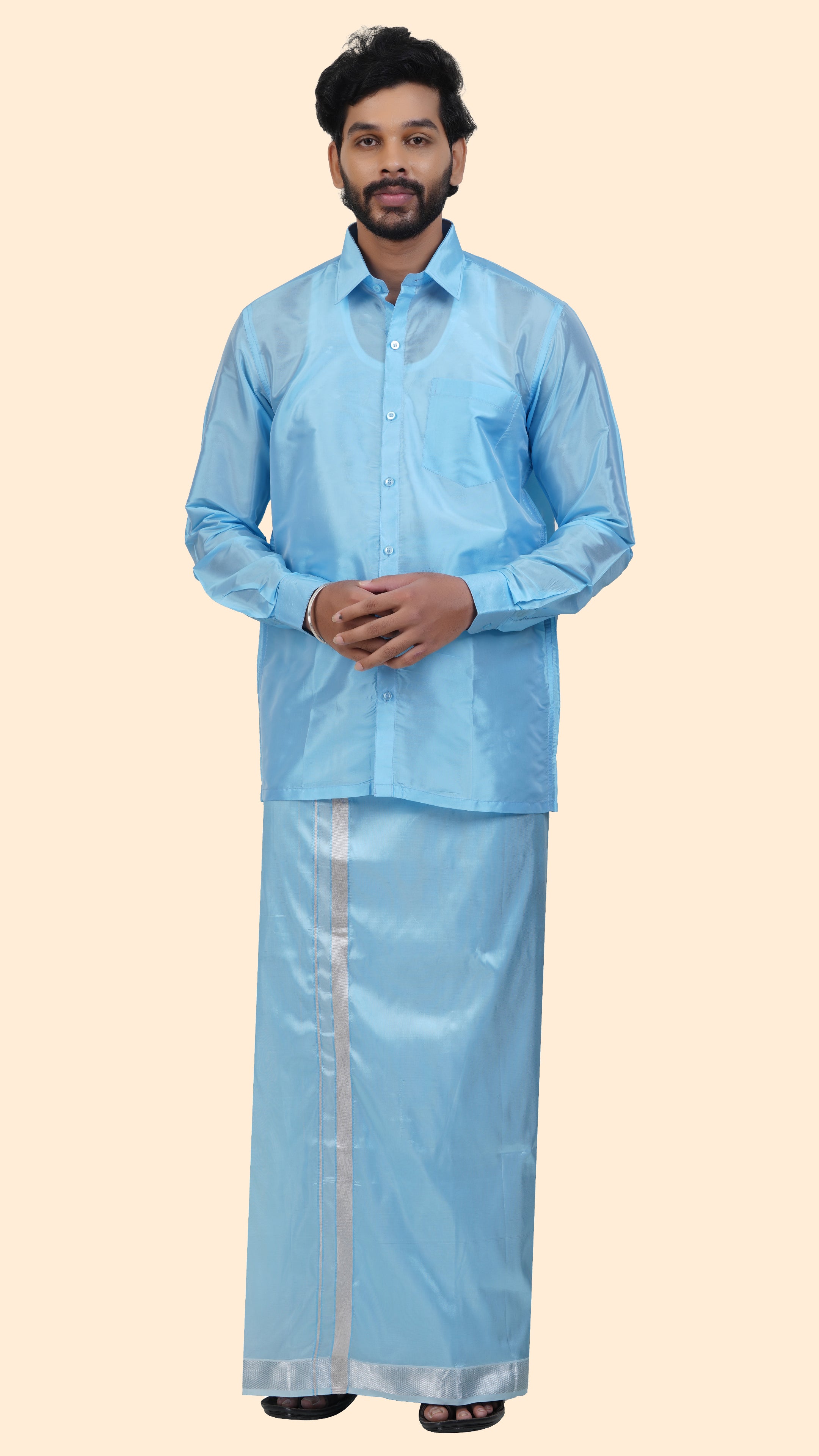 Premium Sky Blue Art Silk Shirt for Men – Traditional Ethnic Wear | Kannika