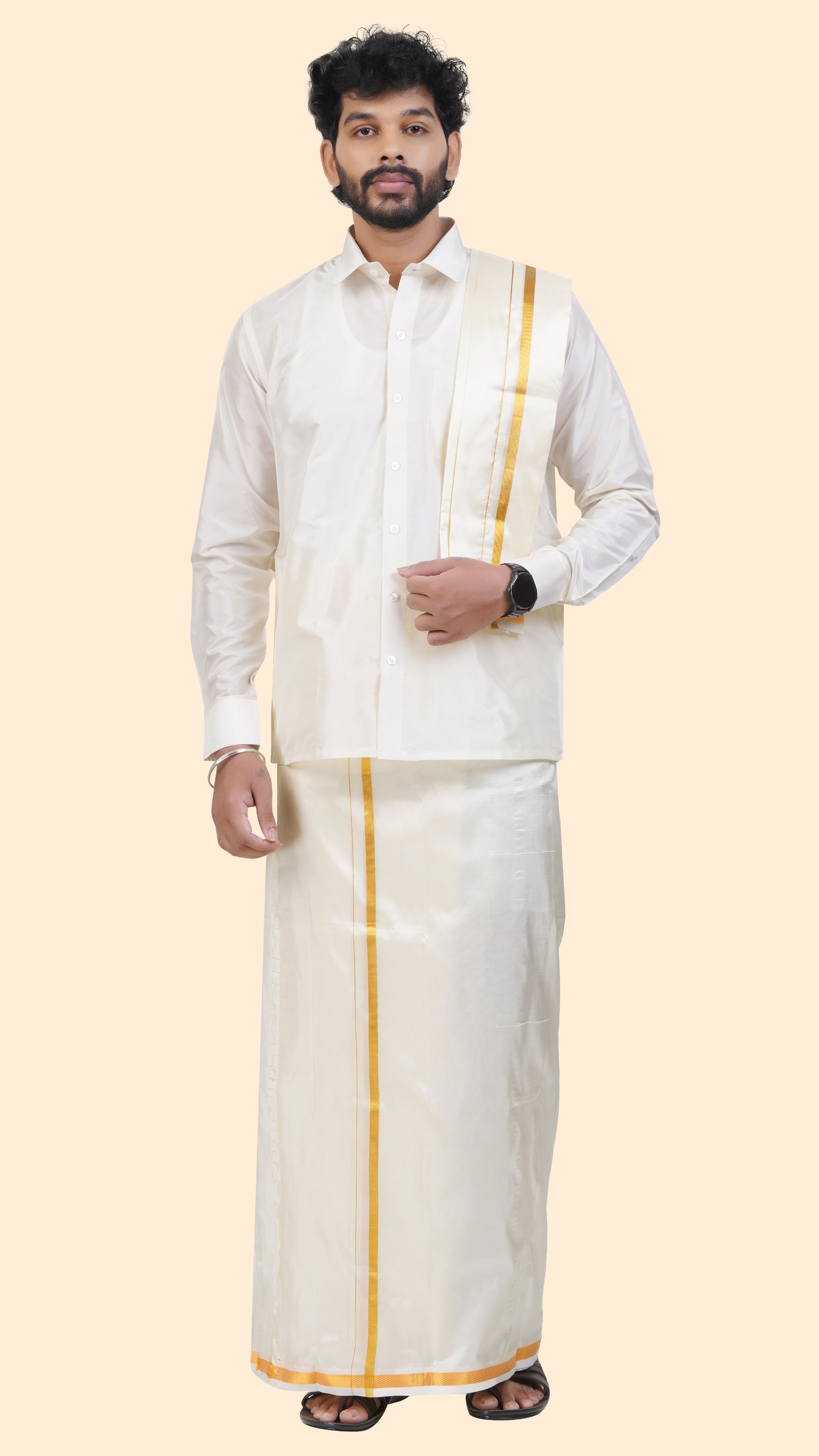 Art Silk Special Cream Dhoti with Angavastram | Double Layer | 1/2" Gold Jari Border