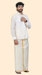 Art Silk Cream Mappillai Set | 2-in-1 | Double Layer | 1" Gold Jari Border