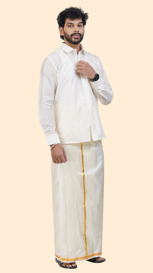 Art Silk Cream Dhoti | Double Layer | 1/2" Gold Jari Border