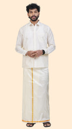Art Silk Cream Mappillai Set | 2-in-1 | Double Layer | 1" Gold Jari Border