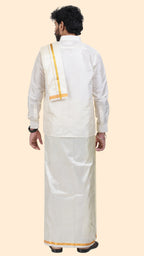 Art Silk Special Cream Dhoti with Angavastram | Double Layer | 1/2" Gold Jari Border
