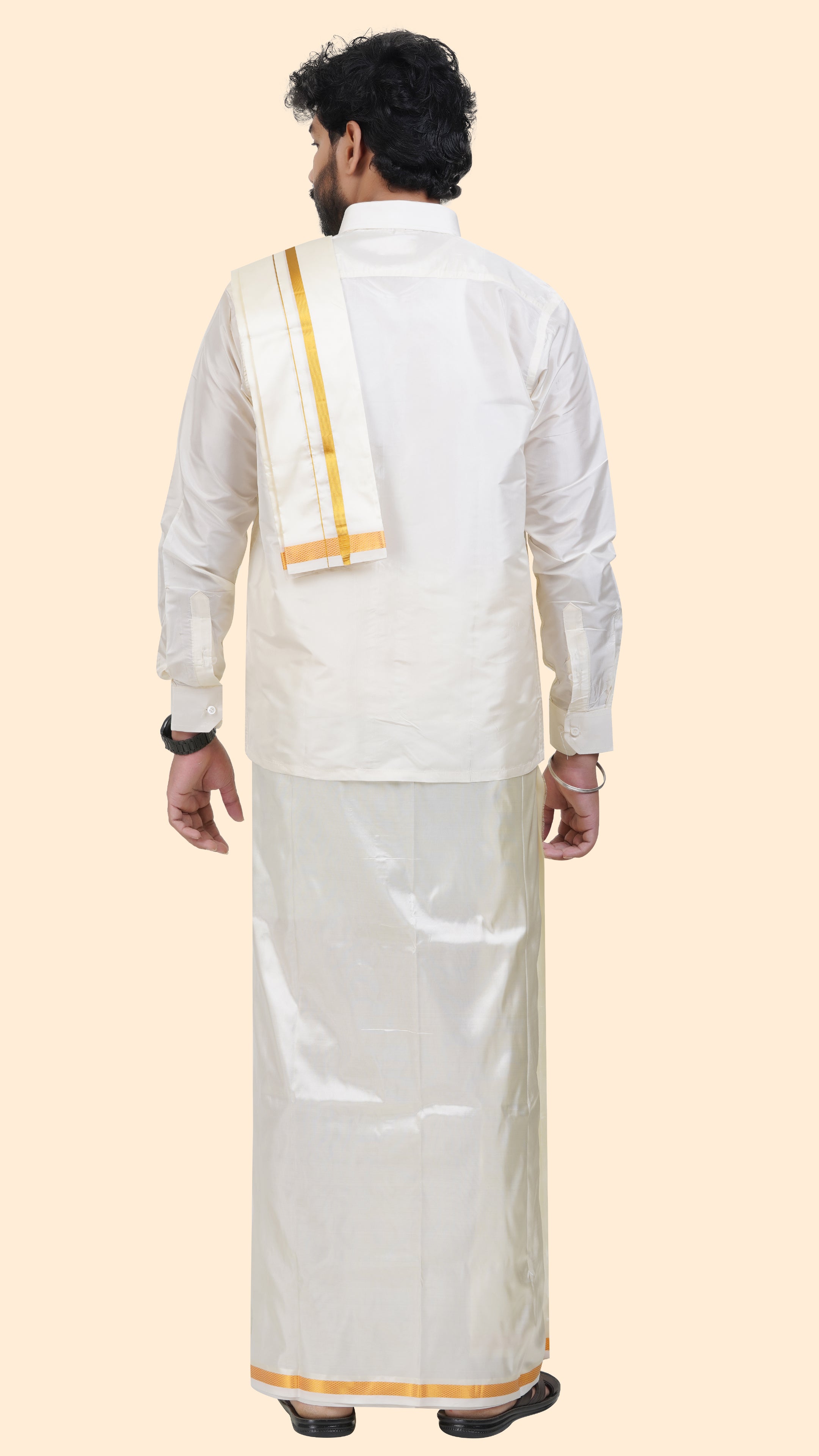 Art Silk Special Cream Dhoti with Angavastram | Double Layer | 1/2" Gold Jari Border