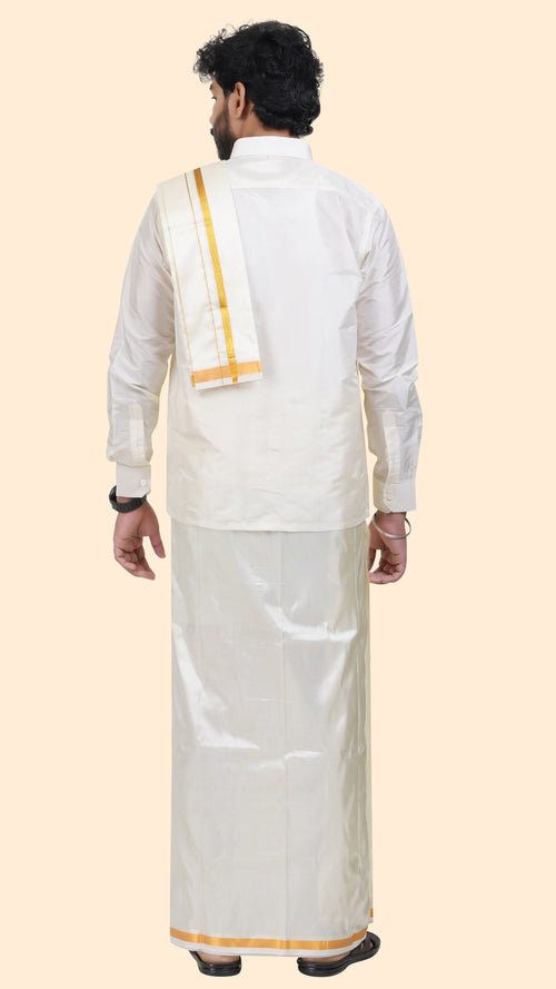 Art Silk Cream Dhoti with Angavastram | Double Layer | 1/2" Gold Jari Border