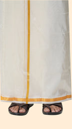 Art Silk Cream Mappillai Set | 2-in-1 | Double Layer | 1" Gold Jari Border