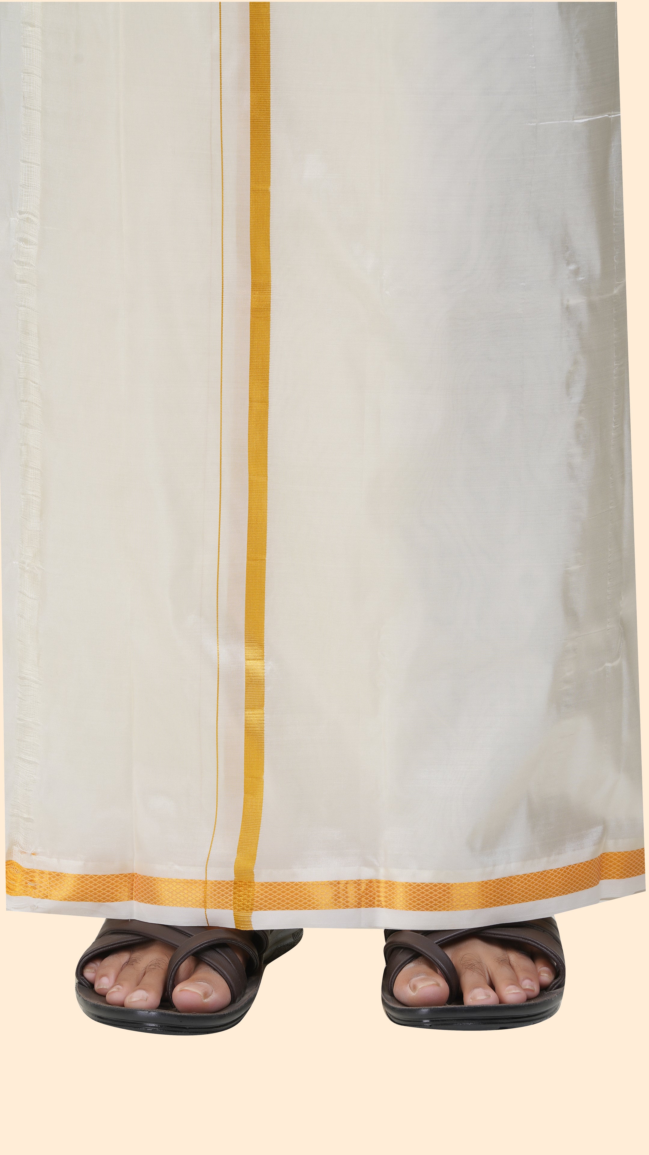 Art Silk Cream Mappillai Set | 2-in-1 | Double Layer | 1" Gold Jari Border