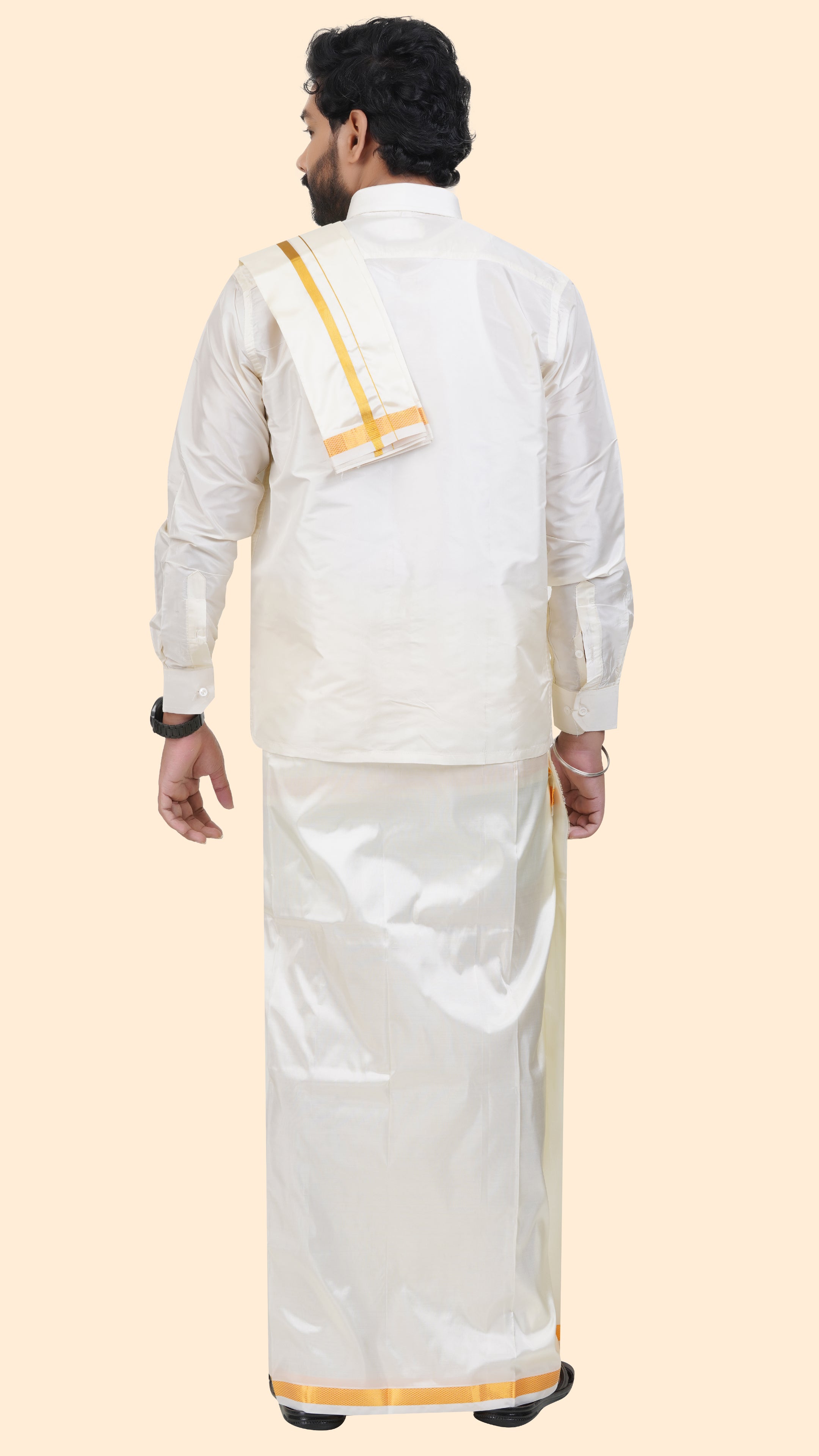 Art Silk Special Cream Dhoti with Angavastram | Double Layer | 1" Gold Jari Border