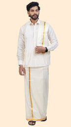 Art Silk Cream Velcro Mappillai Set | 3-in-1 | Double Layer | 1 1/2" Gold Jari Border