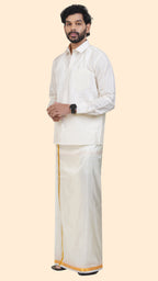 Art Silk Special Cream Dhoti with Angavastram | Double Layer | 1" Gold Jari Border