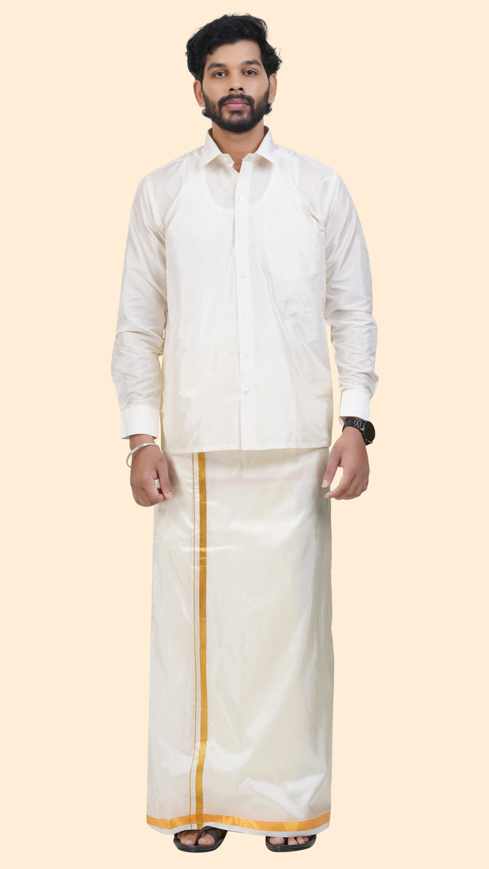 Art Silk Cream Mappillai Set | 3-in-1 | Double Layer | 1 1/2" Gold Jari Border