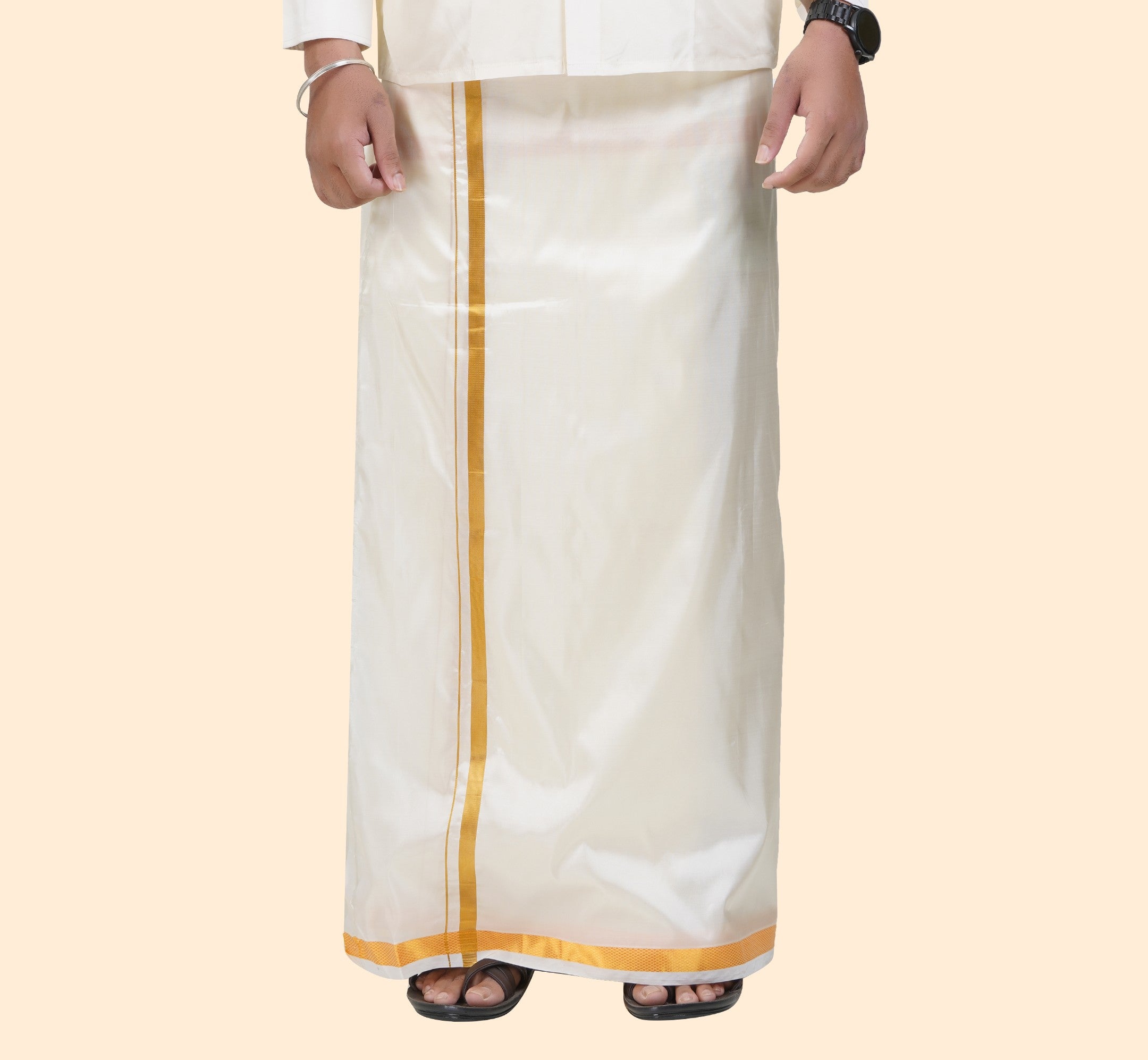 Art Silk Cream Dhoti | Double Layer | 1" Gold Jari Border