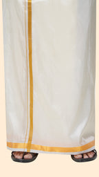 Art Silk Cream Dhoti with Angavastram | Double Layer | 1 1/2" Gold Jari Border