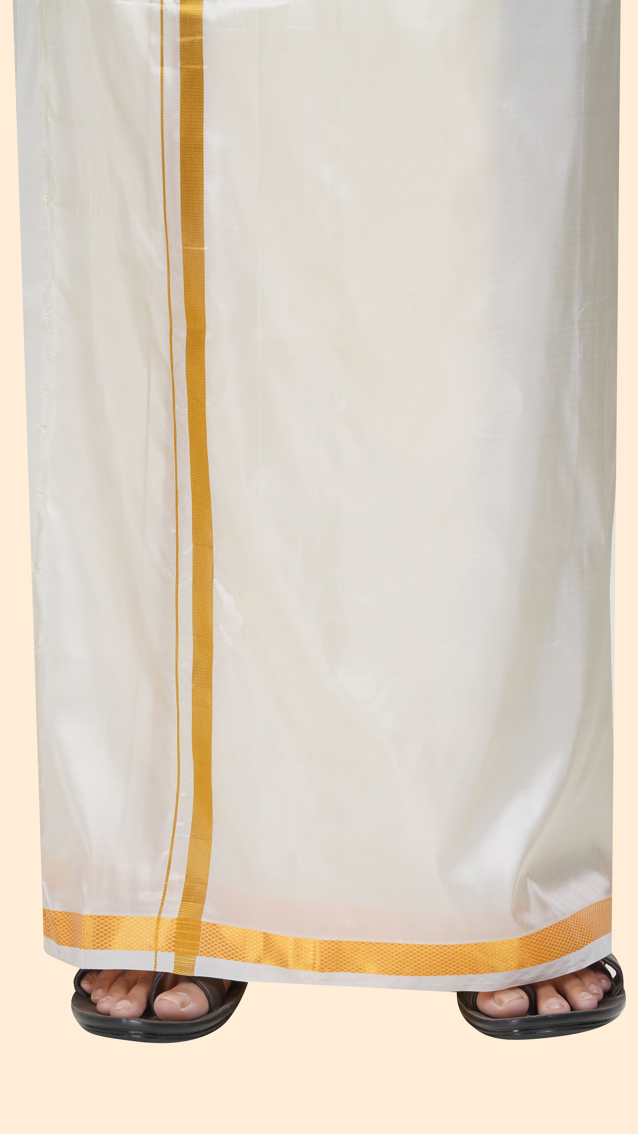 Art Silk Cream Dhoti with Angavastram | Double Layer | 1 1/2" Gold Jari Border