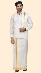 Art Silk Cream Dhoti with Angavastram | Double Layer | 1 1/2" Gold Jari Border
