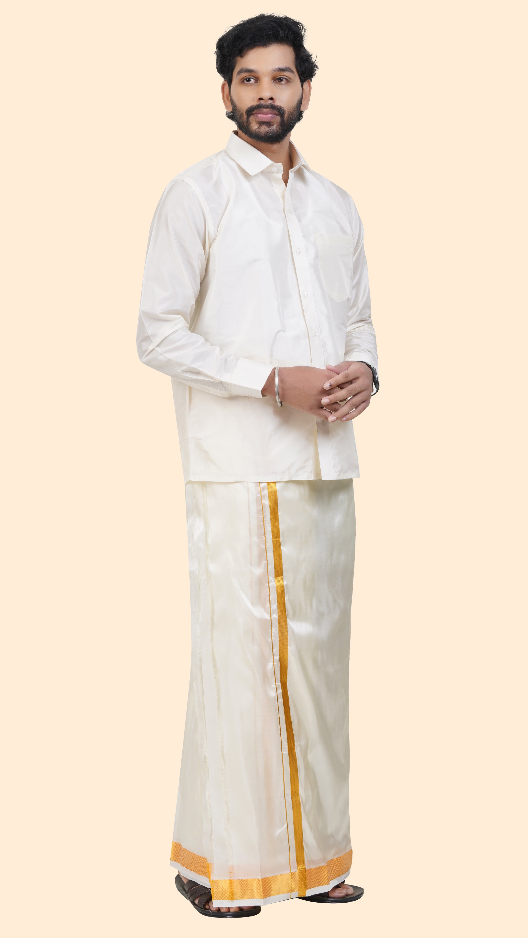 Art Silk Cream Dhoti with Angavastram | Double Layer | 1 1/2" Gold Jari Border