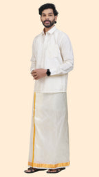 Art Silk Cream Dhoti with Angavastram | Double Layer | 1 1/2" Gold Jari Border