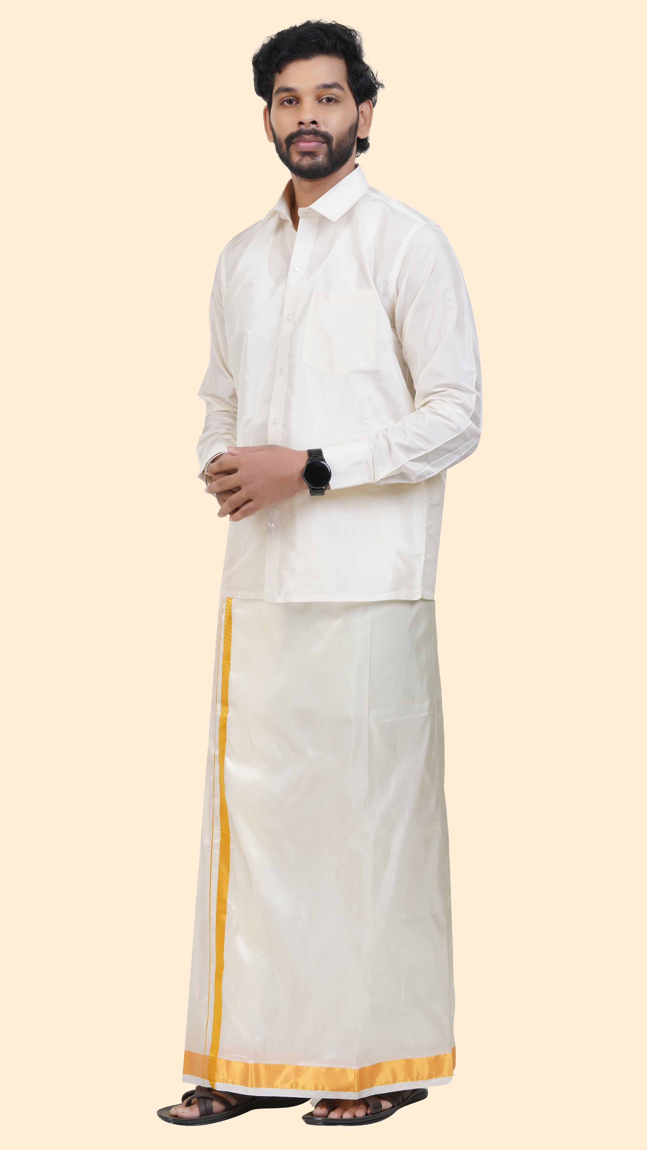 Art Silk Cream Dhoti with Angavastram | Double Layer | 1 1/2" Gold Jari Border