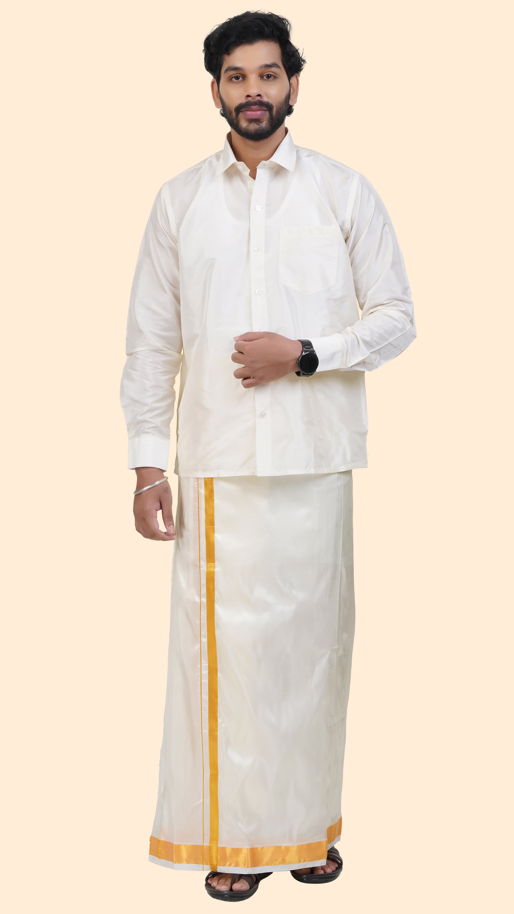 Art Silk Cream Dhoti with Angavastram | Double Layer | 1 1/2" Gold Jari Border